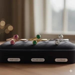 Comparison of couples birthstone rings in rose gold, yellow gold, and platinum displayed on a display stand.
