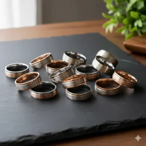 A display of a full collection of unique mixed metal wedding bands in various widths and color combinations.