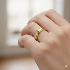 Side view of a hand wearing the comfort fit wedding band, highlighting how the ring sits comfortably on the finger.