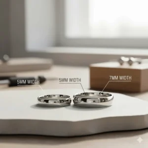 Image showcasing a set of comfort fit wedding bands available in various popular widths, such as 5mm and 7mm.