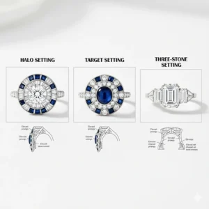 Diagram showing common Art Deco engagement ring settings, including halo, target, and three-stone, to help buyers identify the unique styles.