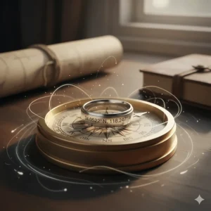 Artistic concept of a coordinate engraved ring symbolizing travel and meaningful life directions.