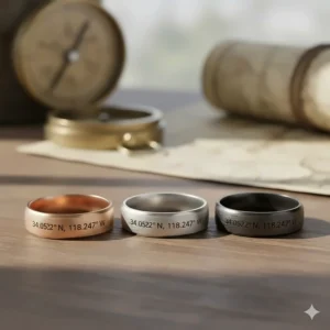 A variety of coordinate engraved rings in rose gold, silver, and matte black tungsten.