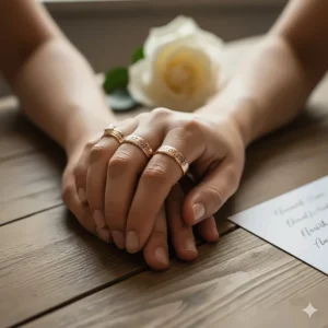 A couple holding hands, clearly showing their matching engraved wedding rings his and hers with a custom date inscription.