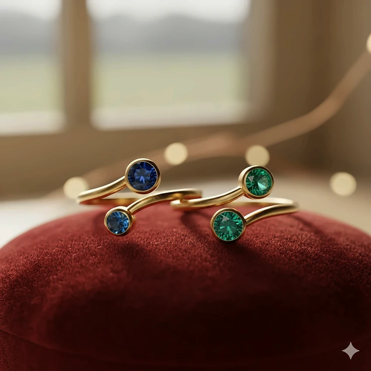 A close-up of a pair of matching gold couples birthstone rings featuring sapphire and emerald gemstones on a red velvet background.
