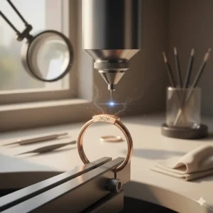 Close-up illustration of a delicate gold promise ring being laser-engraved with a personalized date.