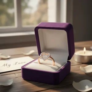 A luxurious purple velvet jewelry box holding a personalized promise ring ready for a special occasion.
