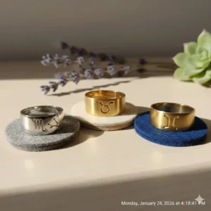 A display of zodiac sign rings available in different metal finishes: gold plated, silver, and solid gold.