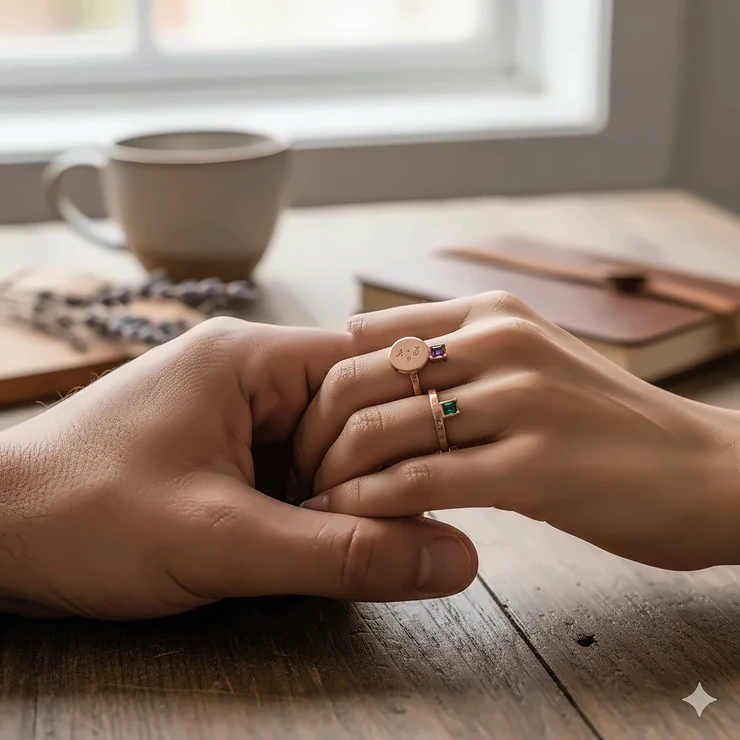 A close-up of a couple holding hands featuring two customizable promise rings with engraved initials and matching birthstones.