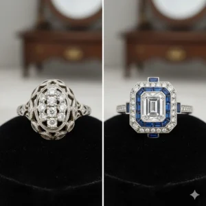 Side-by-side comparison of an Edwardian style engagement ring and an Art Deco engagement ring, highlighting the transition from lacy, organic shapes to bold, symmetrical designs.