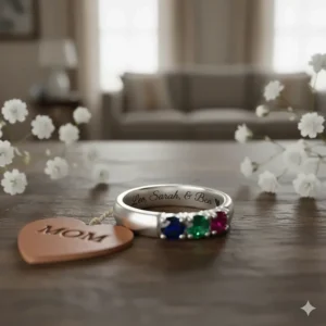Close-up illustration showing a custom birthstone ring for mom with children's names engraved on the inside of the band.