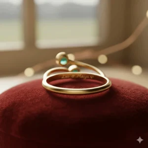 Detailed illustration showing a gold couples birthstone ring with a custom name engraving on the inner band.