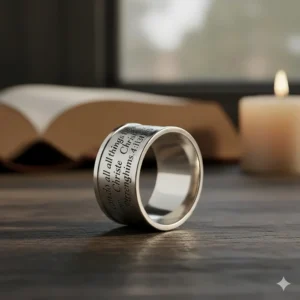 Close-up shot of a polished sterling silver ring featuring an intricately engraved bible verse on the outer band.
