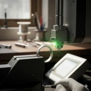 A professional jeweler using a state-of-the-art machine to create a precise laser engraving on a metal wedding ring band.