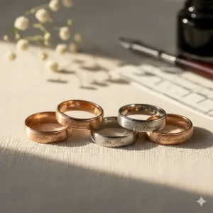 Various engraved wedding rings demonstrating different font and script styles for custom personalization.