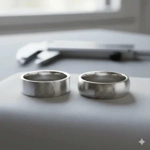 Comparison between a flat profile and a domed profile fingerprint engraved ring.