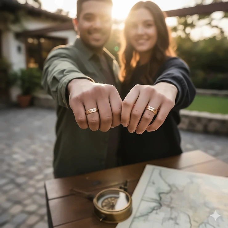 A couple holding hands wearing matching gold coordinate engraved rings featuring custom GPS location markings.