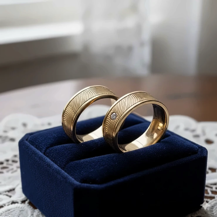 A pair of gold wedding bands featuring custom fingerprint engravings on the exterior surface. fingerprint engraved rings