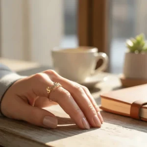 A woman wearing a 14k gold personalized name ring with elegant cursive script on her index finger.