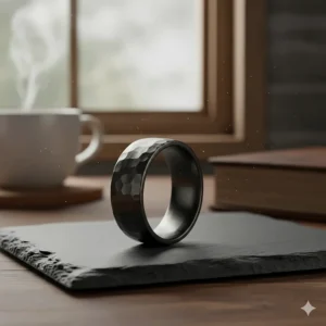 A detailed view of a wide men's wedding band with a distinctive hammered texture or satin finish for an industrial look.