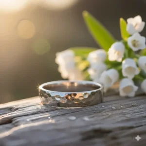 Luxurious hammered wedding band in sleek white gold or platinum, offering a modern look.