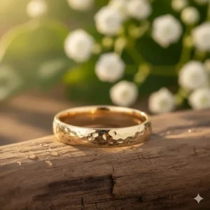 Stunning close-up of a comfort-fit hammered wedding band crafted in yellow gold, showcasing the unique artisanal texture.