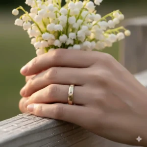 Lifestyle image of an elegant hammered wedding band being worn on the ring finger.