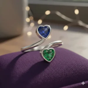 Stylized photorealistic drawing of two heart-shaped birthstones set in a silver bypass ring on a purple cushion.