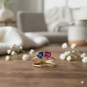 An illustration of a modern heart-shaped custom birthstone ring for mom featuring two interlocking birthstones.