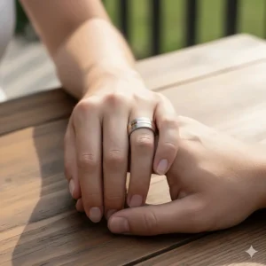 A couple's hands showcasing matching his and hers mixed metal wedding bands, symbolizing their commitment.