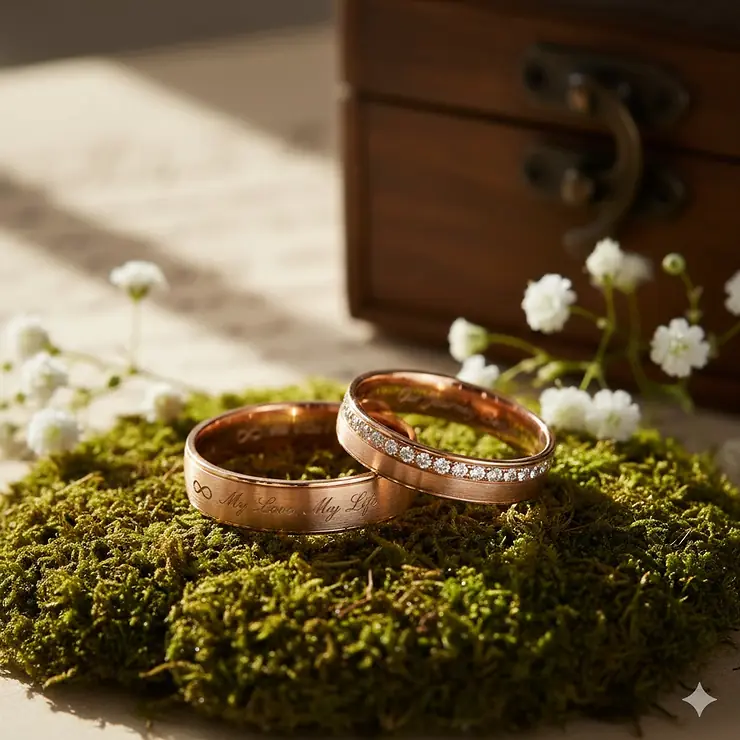 His and hers engraved wedding rings set in rose gold, showcasing personalized script engraving inside the bands. engraved wedding rings his and hers