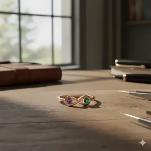 An elegant infinity symbol ring design that allows for custom gemstone placement and interior band engraving.