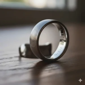 Close-up of a silver band with a hidden fingerprint engraving on the inside of the ring.