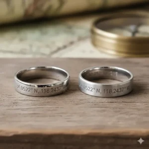 Comparison of coordinate engraved rings showing placement options on both the interior and exterior of the band.