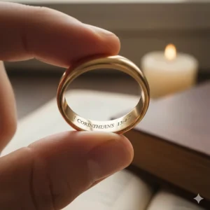Gold wedding band showing a secret bible verse ring engraving on the inner surface for a private message of faith.
