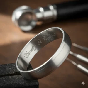 Close-up macro shot of the inside of a platinum band showing the delicate, laser-etched engraving on a wedding ring.