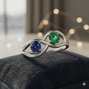 Illustration of an intertwined infinity-style couples birthstone ring in silver with sapphire and emerald stones.