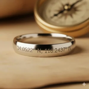 Detailed view of latitude and longitude coordinates engraved on a polished silver ring band.
