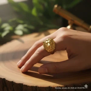 Bold yellow gold Leo zodiac sign ring with a lion head motif and polished finish.