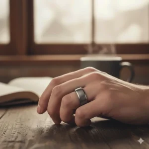 A close-up photo of a man's hand wearing a substantial wide wedding band on his finger, showing how the width looks when worn.