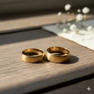 Two traditional yellow gold wedding bands placed side-by-side, emphasizing the perfect match and the sentimental value of the engraved wedding rings his and hers.