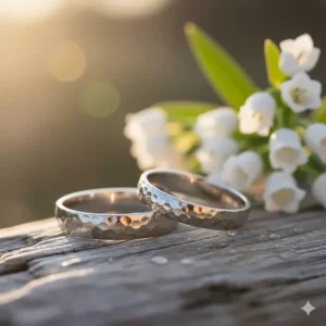 A pair of matching his and hers hammered wedding bands in sterling silver.