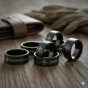 Durable matte black tungsten bible verse rings engraved for men with a cross symbol and scripture.