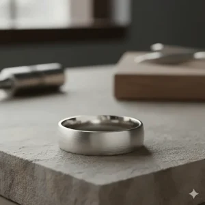 Close-up shot of a men's comfort fit wedding band with a brushed finish, available in durable platinum or white gold.