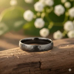 Thick, durable men's hammered wedding band in a matte titanium finish.