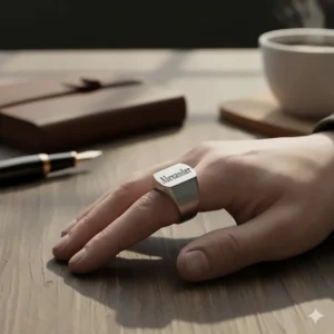 A bold, signet-style personalized name ring illustration designed specifically for men.