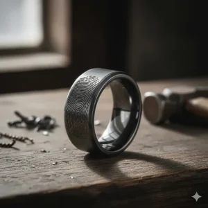 Durable men's tungsten carbide ring with a deep-etched fingerprint engraving.