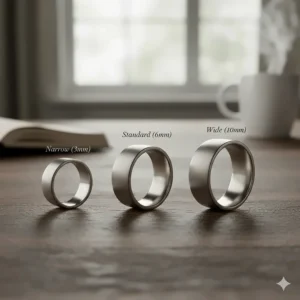 Comparison image showing three different ring sizes—narrow, standard, and a very wide wedding band for men—to help visualize the varying widths.