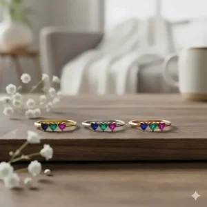 Three variations of the same custom birthstone ring in yellow gold, sterling silver, and rose gold.