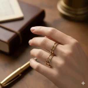 Dainty stackable coordinate engraved rings in 14k gold for a minimalist jewelry style.